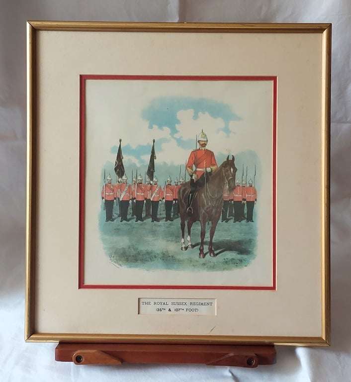 Colour etching military print of the Royal Sussex Regiment ( 35 th  & 107 th  Foot) by Richard Si...