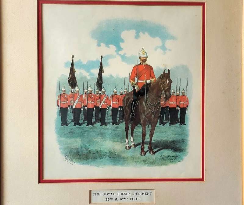 Colour etching military print of the Royal Sussex Regiment ( 35 th  & 107 th  Foot) by Richard Si...