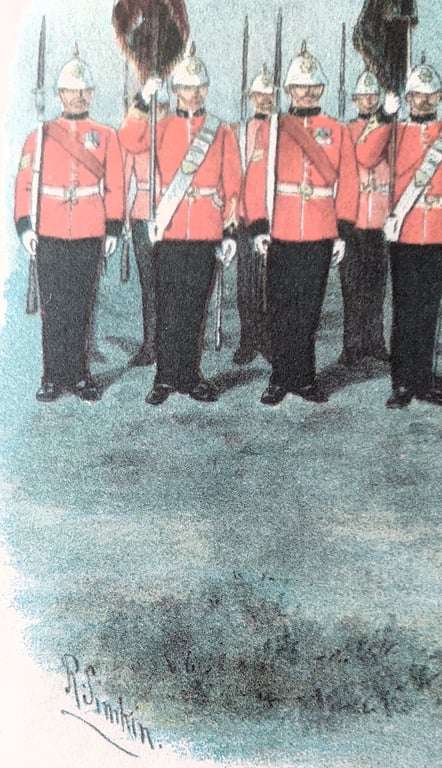 Colour etching military print of the Royal Sussex Regiment ( 35 th  & 107 th  Foot) by Richard Si...
