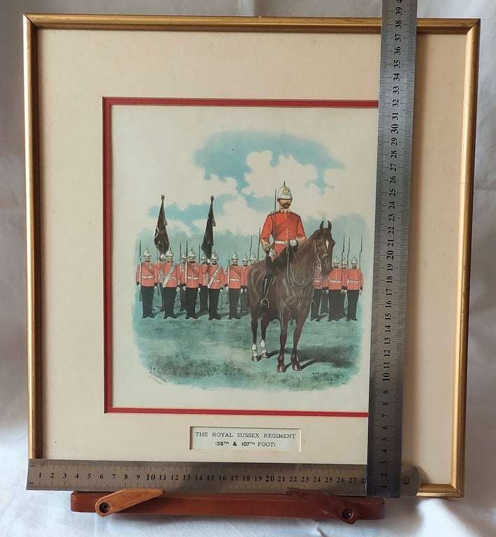 Colour etching military print of the Royal Sussex Regiment ( 35 th  & 107 th  Foot) by Richard Si...