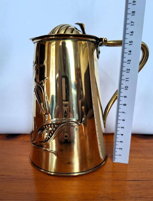 Rare - Antique  - Solid Brass - Art Nouveau - Lidded Jug - Honeysuckle Design - Joseph Sankey & S...