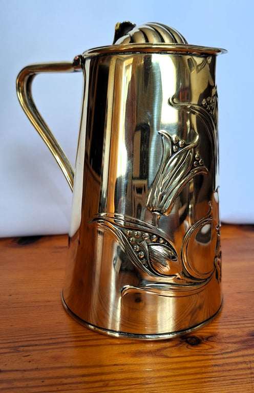 Rare - Antique  - Solid Brass - Art Nouveau - Lidded Jug - Honeysuckle Design - Joseph Sankey & S...