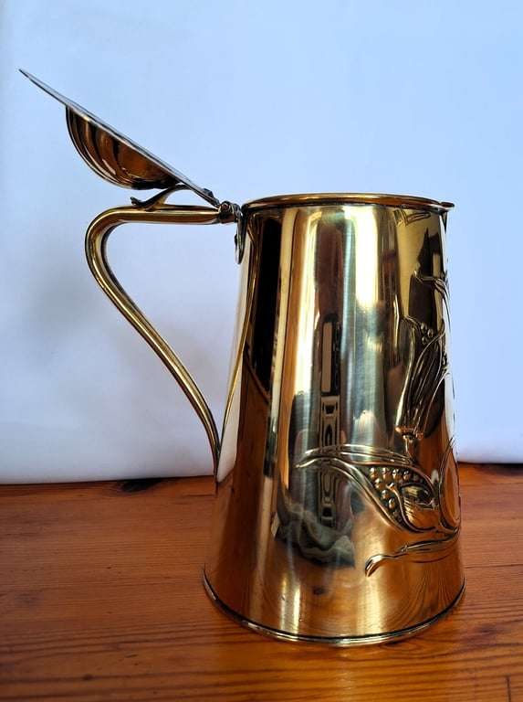Rare - Antique  - Solid Brass - Art Nouveau - Lidded Jug - Honeysuckle Design - Joseph Sankey & S...