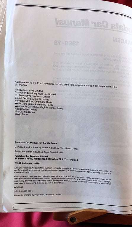 Autodata Volkswagen Beetle Manual 1968 - 1978 -`Simon Cowen & Tony Stuart-Jones