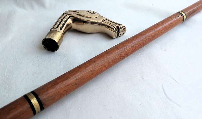 Vintage walking stick with brass crutch in shape of a horse's head