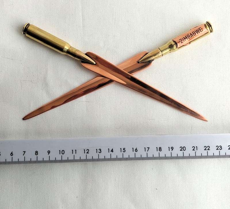 Trench Art - 1 Set of 2 - Off Brass & Copper Shell Letter Openers -7.62 mm - Zimbabwe logo o...