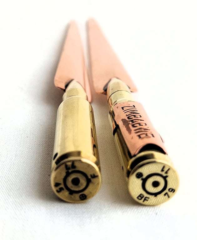 Trench Art - 1 Set of 2 - Off Brass & Copper Shell Letter Openers -7.62 mm - Zimbabwe logo o...