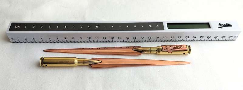 Trench Art - 1 Set of 2 - Off Brass & Copper Shell Letter Openers -7.62 mm - Zimbabwe logo o...