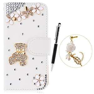 GrandEver Leather Case for Sony Xperia M2 Cover Diamond Bling Shine Case 3D Daisy Flower Cute Bear