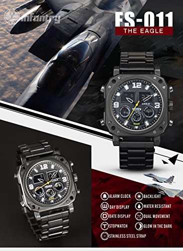 INFANTRY Mens Military Analog Digital Quartz Wrist Watch Multi Function Night Vison Black Stainless
