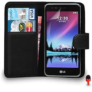 LG K4 2017 Case Premium Leather BLACK Wallet Flip Case Cover Pouch RED Dust Stopper Screen Protector