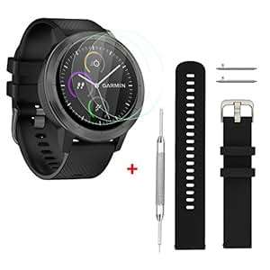 Rukoy Strap Tempered Glass (Screen Protectors Silicone strap Garmin Vivoactive 3:Black)