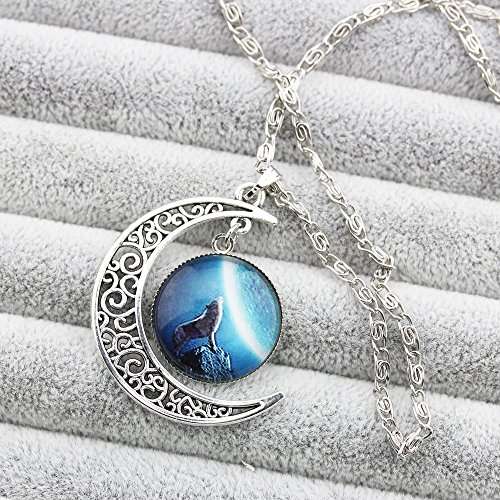 FOY-MALL Silver Crescent Moon and Wolf Time Gem Pendant Necklace XL1208