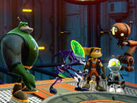 The four playable characters in-game, together between battles in Ratchet & Clank: All 4 One