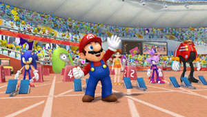 Mario, Sonic and other characters lined up for the 100-meter sprint in Mario & Sonic at the London 2012 Olympic Games
