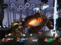 Sweet Tooth unleashing a barrage of bullets in a Patapon themed game environment in PlayStation All-Stars Battle Royale
