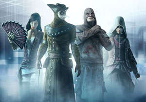 Ezio flanked by some of the members of the Assassin's Brotherhood from Assassin's Creed: Brotherhood