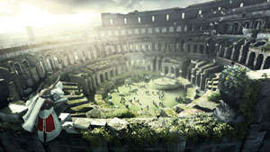 Ezio perched on the rim of a ruined collosium of Rome in Assassin's Creed: Brotherhood