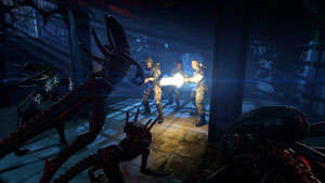 Marines holding their position against attacking aliens during a firefight in Aliens: Colonial Marines
