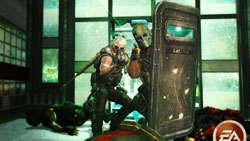 Rio and Salem using a riot shield as mobile cover in Army of Two: The 40th Day