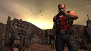 Duke Nukem striking a pose in an Old West setting in Duke Nukem Forever