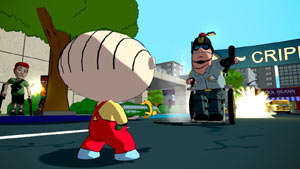 Stewie facing a charging cop in Family Guy: Back to the Multiverse