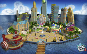 View of the island-based theme park environment from Hasbro Family Game Night 3
