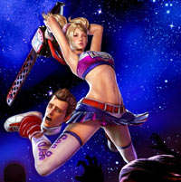 Juliet Starling on the attack with boyfriend Nick, literally in-tow, in Lollipop Chainsaw