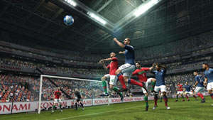 Leaping for a ball in front of the goal in Pro Evolution Soccer 2012