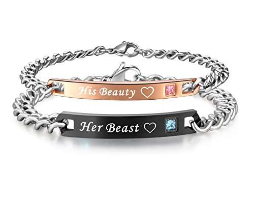His or Hers Matching Set His Beauty Her Beast Titanium Stainless Steel Couple Bracelet in a Gift Bo