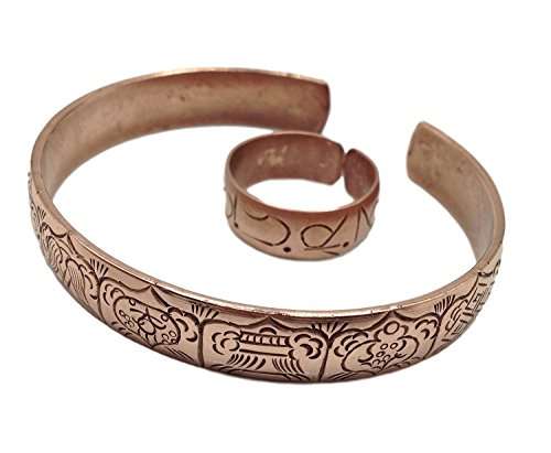 100% Pure Copper Tibetan Healing Bracelet and Ring Set. Unisex, Hand Made High Gauge Copper