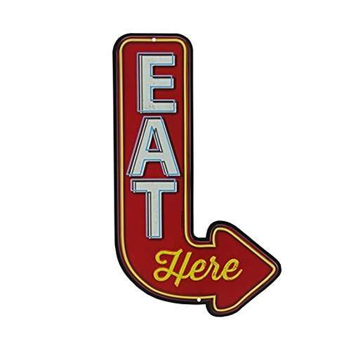 Open Road Brands 90151356 Die Cut Embossed Tin Sign, Eat Here Arrow