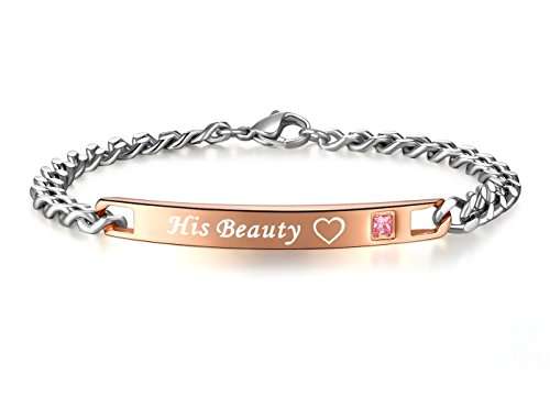 His or Hers Matching Set His Beauty Her Beast Titanium Stainless Steel Couple Bracelet in a Gift Bo
