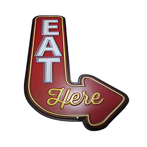 Open Road Brands 90151356 Die Cut Embossed Tin Sign, Eat Here Arrow