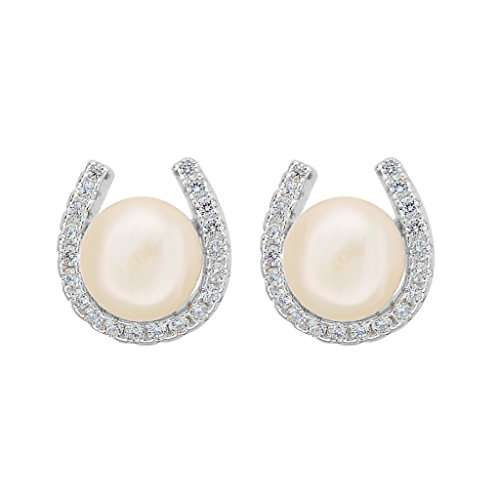 EVER FAITH 925 Sterling Silver CZ 8MM AAA Freshwater Cultured Pearl Lucky Horseshoe Stud Earrings C