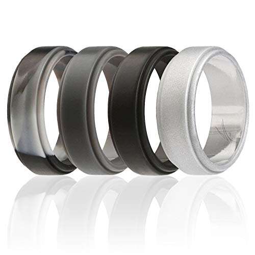 ROQ Silicone Wedding Ring for Men, 4 Pack Silicone Rubber Band Step Edge - Black, Grey, Black Camo,
