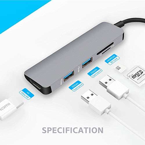 Pavlysh USB C HDMI Adapter for MacBook Pro 2016/2017/2018, 5 in 1 USB-C to HDMI Output, SD+Mi..