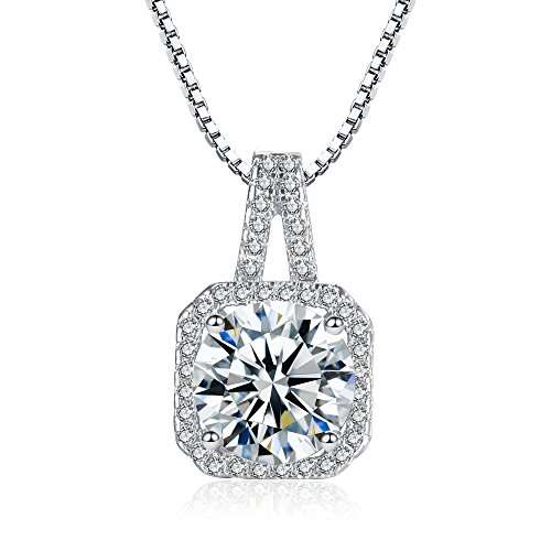 Cubic Zirconia Pendant Necklace, 2ct Round Cut Clear Crystal White Gold Plated Silver Halo Pendant