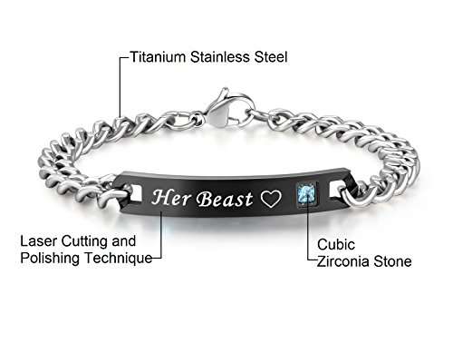 His or Hers Matching Set His Beauty Her Beast Titanium Stainless Steel Couple Bracelet in a Gift Bo