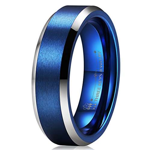 Three Keys Jewelry 6mm Two Tone Tungsten Wedding Ring Blue Brushed Wedding Band Engagement Ring Uni
