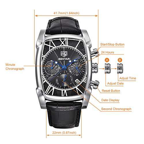 Mens Watches Brown Leather Strap Benyar Rectangle Watches Waterproof Chronograph Classic Watches Bu