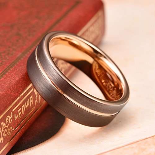Three Keys Jewelry 8mm Brown Tungsten Wedding Ring Thin Side Rose Gold Grooved Mens Engagement Ring