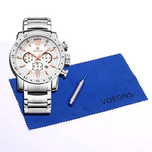Voeons Mens Watches Stainless Steel Wristwatch Chronograph 3ATM Waterproof Mens Watches Silver
