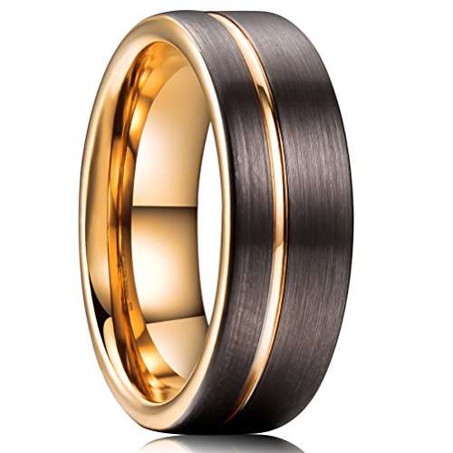 Three Keys Jewelry 8mm Brown Tungsten Wedding Ring Thin Side Rose Gold Grooved Mens Engagement Ring