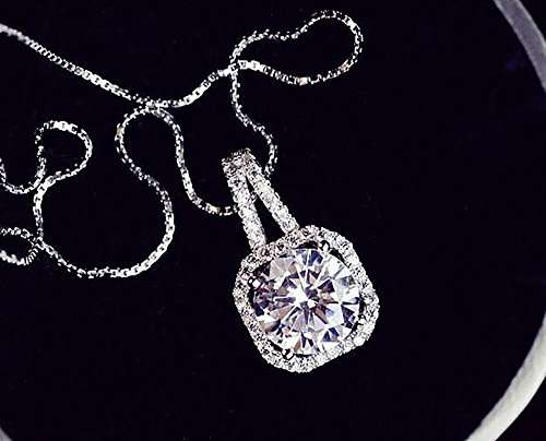 Cubic Zirconia Pendant Necklace, 2ct Round Cut Clear Crystal White Gold Plated Silver Halo Pendant