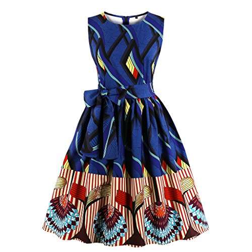Wellwits Women's Waist Tie Stripes Ethnic African Print Vintage Swing Dress 4XL Navy