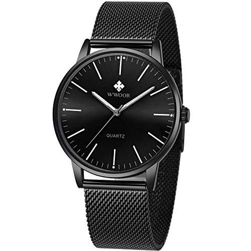 Mens Simple Slim Watch Analog Quartz Waterproof Black Stainless Steel Mesh Band Thin Cas..