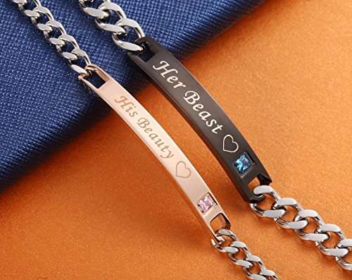 His or Hers Matching Set His Beauty Her Beast Titanium Stainless Steel Couple Bracelet in a Gift Bo