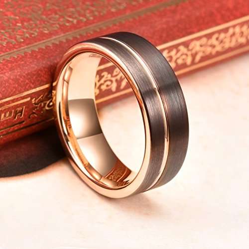 Three Keys Jewelry 8mm Brown Tungsten Wedding Ring Thin Side Rose Gold Grooved Mens Engagement Ring
