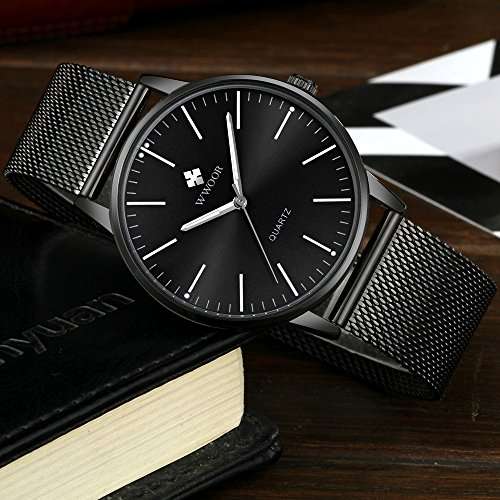 Mens Simple Slim Watch Analog Quartz Waterproof Black Stainless Steel Mesh Band Thin Cas..
